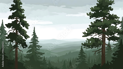 Modern vector watercolor-style forest wallpaper with large pine trees and distant hills, spacious nature background with copy space for interior and branding use