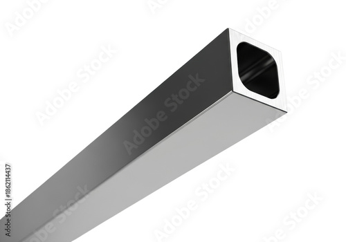 Hyper-detailed macro of a perfect 316 stainless steel square bar with a mirror finish, reflecting dramatic studio light on a transparent infinity backdrop. concept of industrial elegance and
