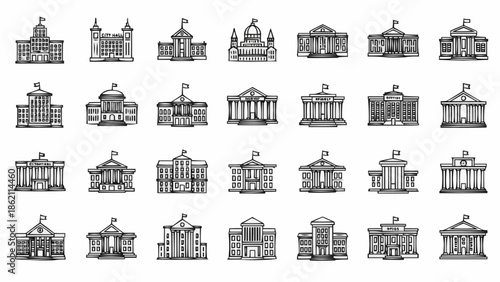 Collection of Government Buildings and Courthouses in Sketch Style.