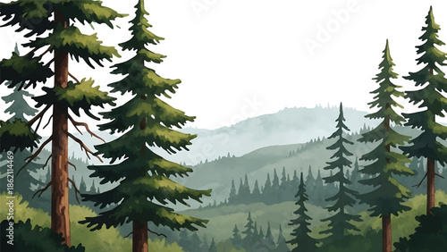 Modern vector watercolor-style forest wallpaper with large pine trees and distant hills, spacious nature background with copy space for interior and branding use