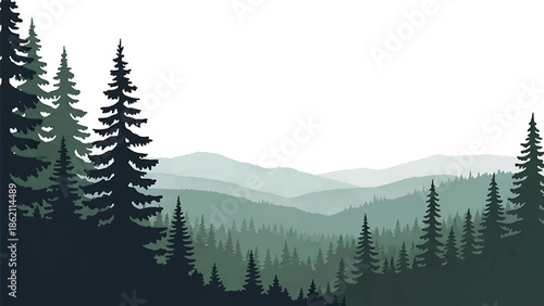 Modern vector watercolor-style forest wallpaper with large pine trees and distant hills, spacious nature background with copy space for interior and branding use