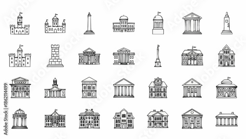 Collection of Architectural Building Icons Representing Government and Public Institutions.