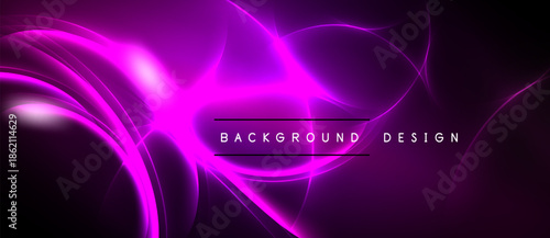 Abstract purple neon lines flow over black background. Bright energy radiates, creating dynamic visual effect. Modern design element.
