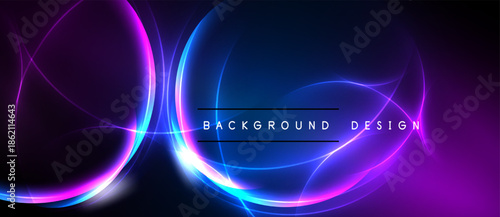 Abstract neon lights create dynamic curves, vibrant colors. Dark background emphasizes glowing lines, modern design element.