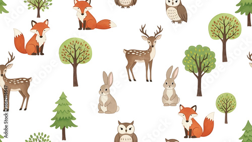 Modern vector watercolor-style seamless woodland wallpaper with forest animal among trees, playful nature background for decor and textiles