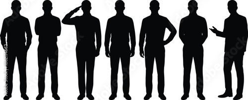 Business men silhouettes standing in different poses, professional male figures teamwork communication concept isolated on white background illustration set