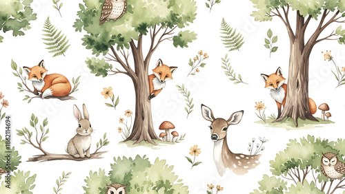 Modern vector watercolor-style seamless woodland wallpaper with forest animal among trees, playful nature background for decor and textiles