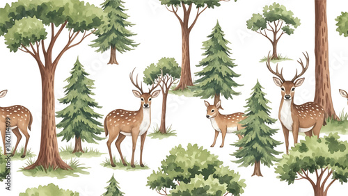 Modern vector watercolor-style seamless woodland wallpaper with forest animal among trees, playful nature background for decor and textiles