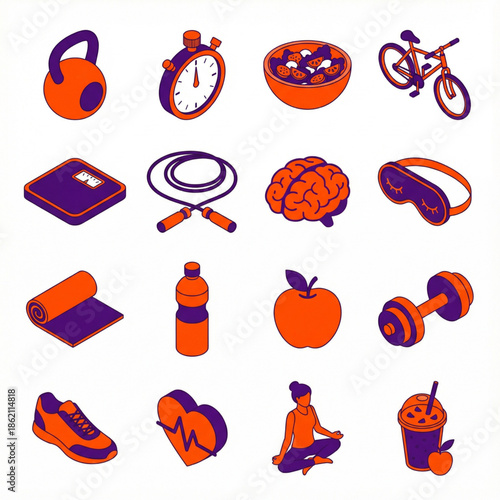 fitness and wellness isometric icon set vector