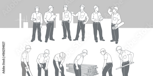 Construction industry professional line art illustrations, featuring workers, engineers, and architects in various job site poses