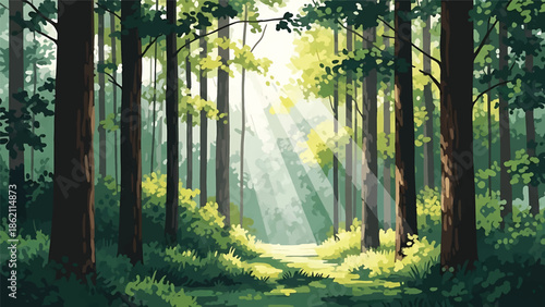 Modern vector watercolor-style forest wallpaper featuring morning light through trees without gradients, peaceful woodland nature background for wallpaper and interiors