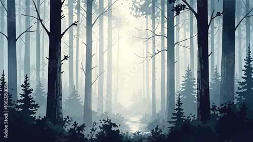Modern vector watercolor-style forest wallpaper featuring morning light through trees without gradients, peaceful woodland nature background for wallpaper and interiors