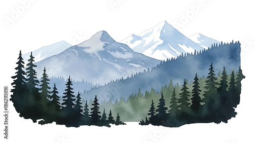 Modern vector watercolor-style nature wallpaper inspired by national park landscapes with forests and mountains, scenic outdoor background for wallpaper and branding use