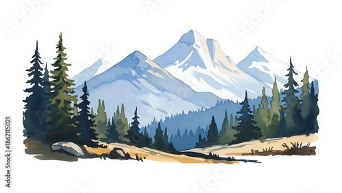 Modern vector watercolor-style nature wallpaper inspired by national park landscapes with forests and mountains, scenic outdoor background for wallpaper and branding use