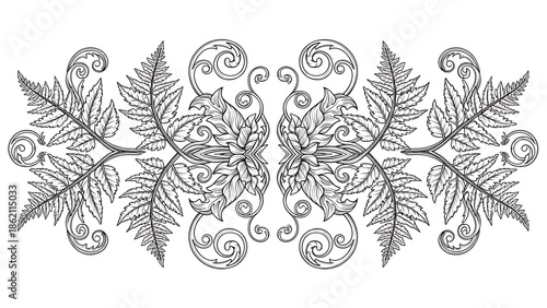Symmetrical ornamental floral illustration with leaves and swirling elements in detailed line art style. Elegant decorative design ideal for background tattoo print or engraving
