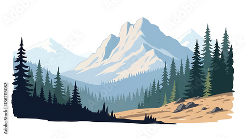 Modern vector watercolor-style nature wallpaper inspired by national park landscapes with forests and mountains, scenic outdoor background for wallpaper and branding use