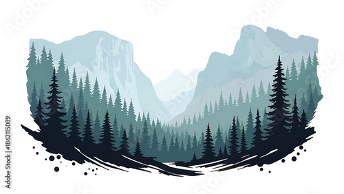 Modern vector watercolor-style nature wallpaper inspired by national park landscapes with forests and mountains, scenic outdoor background for wallpaper and branding use