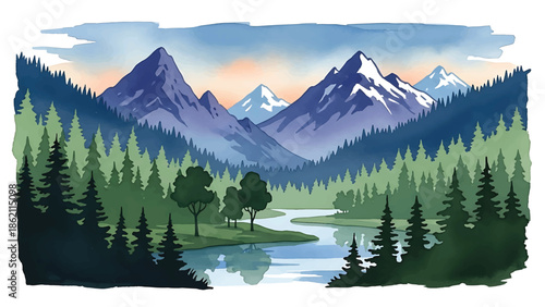 Modern vector watercolor-style nature wallpaper inspired by national park landscapes with forests and mountains, scenic outdoor background for wallpaper and branding use