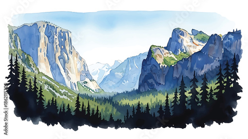 Modern vector watercolor-style nature wallpaper inspired by national park landscapes with forests and mountains, scenic outdoor background for wallpaper and branding use