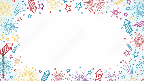 Colorful hand-drawn fireworks and stars border frame on a white background, perfect for celebrations and festive designs.