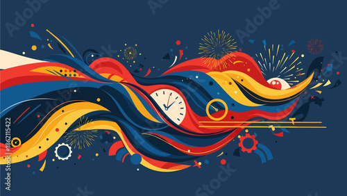 Vibrant abstract illustration with flowing red, yellow, and blue shapes, featuring a clock, gears, and fireworks on a dark blue background.