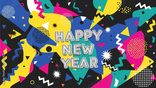 Vibrant Happy New Year greeting card with silver balloon letters on a retro geometric abstract background featuring colorful shapes and patterns.