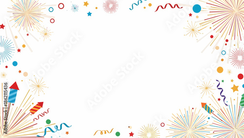 Colorful fireworks, rockets, confetti, and streamers forming a festive border on a white background, celebration design.