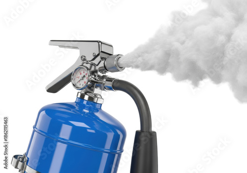 vibrant blue enamel fire extinguisher discharging a dense white chemical plume; polished chrome details, isolated high-key studio light against an infinity cove. concept of immediate emergency