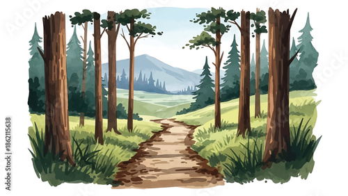 Modern vector watercolor-style nature wallpaper with forest trail leading into distance, inviting woodland landscape background ideal for wall decor and branding