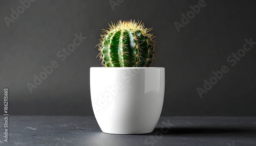 Small green cactus in a white pot against a dark background, minimalist and clean studio shot.