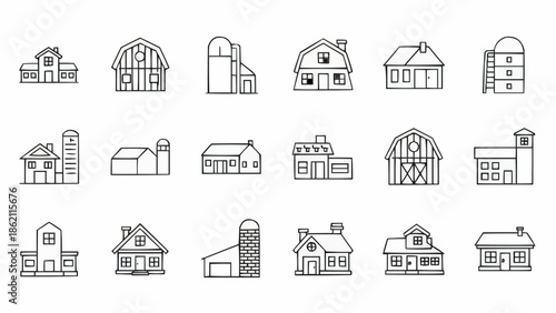 Collection of Hand Drawn Farm Buildings and Houses.