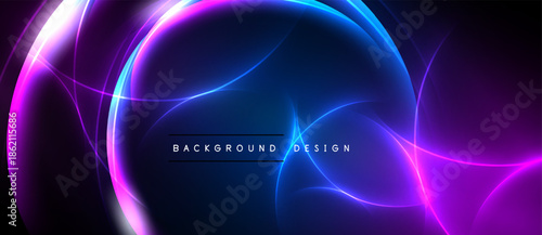 Abstract design features vibrant blue, purple glows. Circular shapes overlap creating dynamic visual effect. Text reads background design.