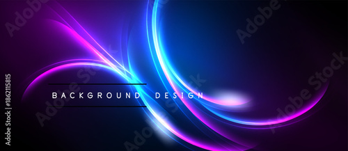 Abstract neon lines create dynamic curves. Dark background emphasizes bright colors, forming elegant design. Text reads background design.