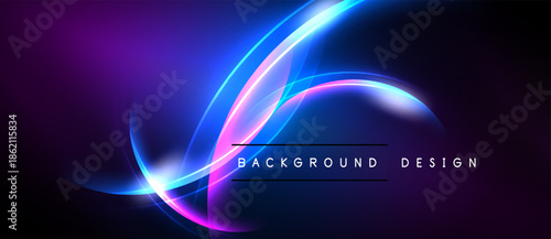 Abstract neon curves create dynamic background. Purple, blue hues dominate dark space. Modern design element.