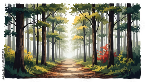Modern vector watercolor-style nature wallpaper with forest trail leading into distance, inviting woodland landscape background ideal for wall decor and branding