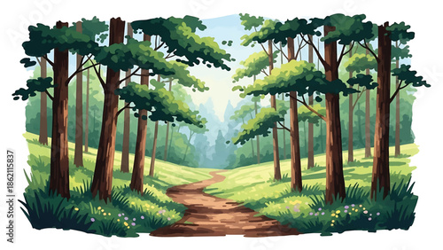 Modern vector watercolor-style nature wallpaper with forest trail leading into distance, inviting woodland landscape background ideal for wall decor and branding