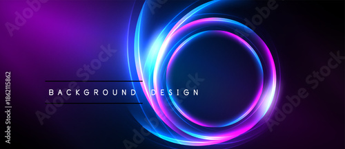 Abstract neon circles over dark background. Vibrant purple, blue hues create dynamic visual effect. Text reads background design.