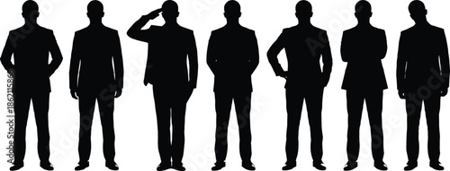 Businessmen silhouettes standing in formal suits with different poses, corporate leadership and professional teamwork concept isolated on white background illustration