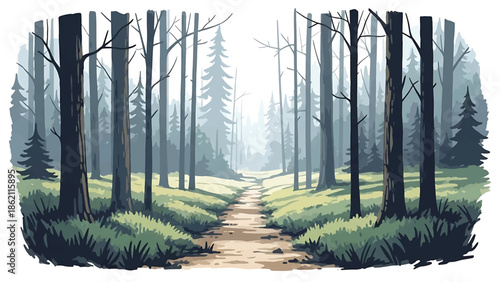 Modern vector watercolor-style nature wallpaper with forest trail leading into distance, inviting woodland landscape background ideal for wall decor and branding