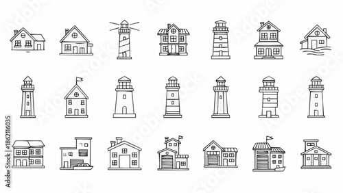Collection of Hand Drawn Architectural Buildings and Lighthouses.