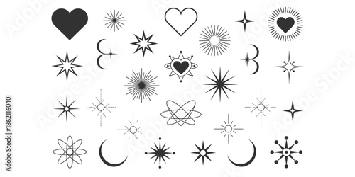 Collection of Retro Futurist Celestial Icons with Atomic Symbols Moons Hearts and Stars in Y2K Aesthetic