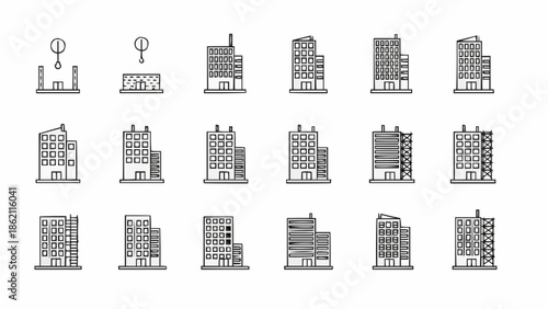 Collection of modern building icons in a grid layout.