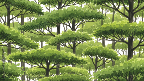 Modern vector watercolor-style seamless woodland wallpaper featuring dense forest canopy and layered branches, immersive botanical nature background for interior use