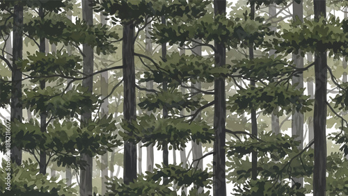 Modern vector watercolor-style seamless woodland wallpaper featuring dense forest canopy and layered branches, immersive botanical nature background for interior use