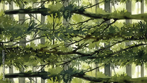 Modern vector watercolor-style seamless woodland wallpaper featuring dense forest canopy and layered branches, immersive botanical nature background for interior use