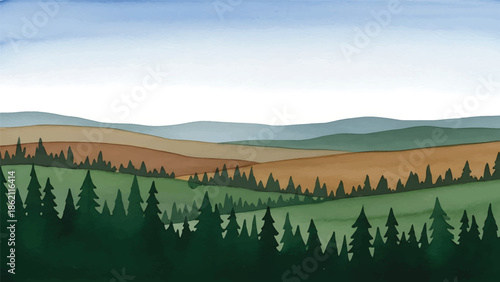 Modern vector watercolor-style nature wallpaper combining forest, hills, and sky in harmonious composition, balanced landscape background for wallpaper and decor