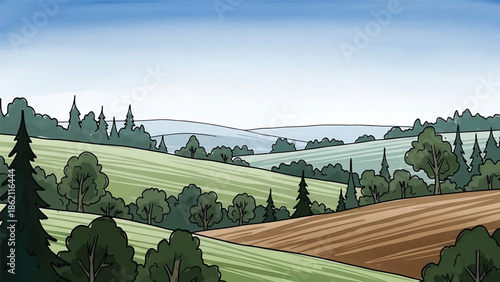 Modern vector watercolor-style nature wallpaper combining forest, hills, and sky in harmonious composition, balanced landscape background for wallpaper and decor