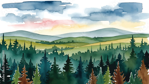 Modern vector watercolor-style nature wallpaper combining forest, hills, and sky in harmonious composition, balanced landscape background for wallpaper and decor