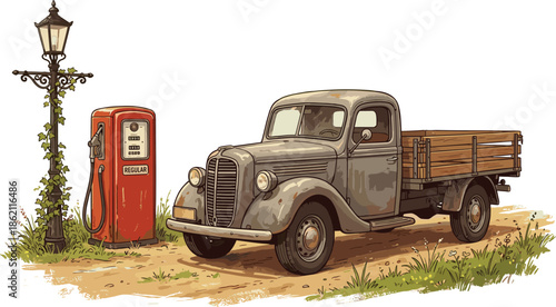 Vintage pickup truck parked near old gas station illustration retro rural scene classic vehicle nostalgic countryside background artwork