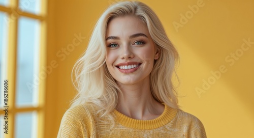 yellow modern happy on bright high key studio background blonde pretty woman portrait fashion style concept photoshoot for banner